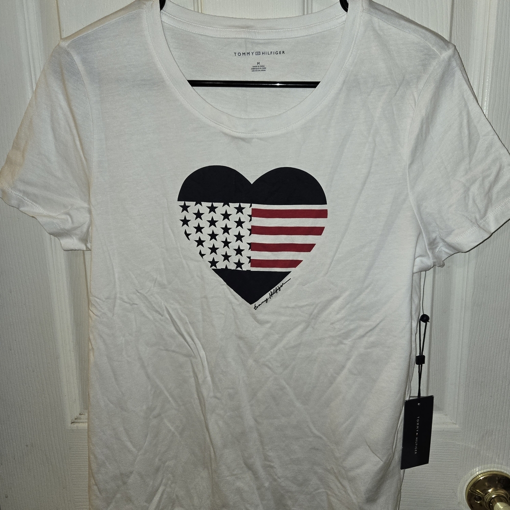 Tommy Hilfiger White Tee with Black and Red Heart Design